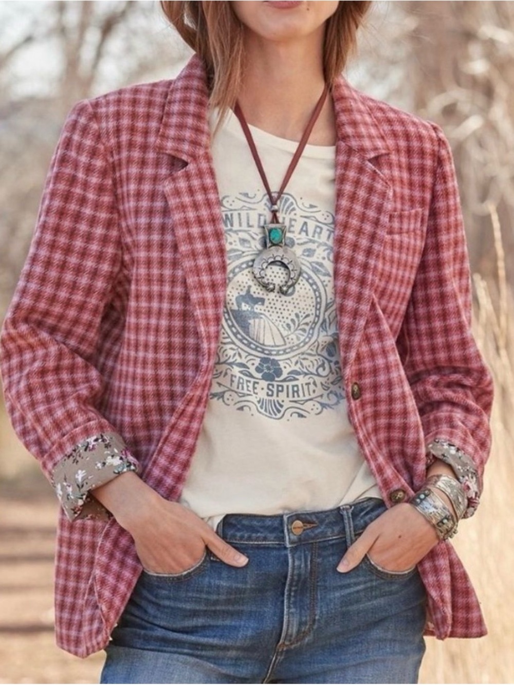 Sundance Anthropologie The Lisa Mauve Plaid Blazer Jacket Floral Lining Medium